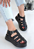 Kemerli Ortopedik Sandalet Cilt Siyah Topuk Boyu 5 Cm