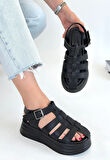 Kemerli Ortopedik Sandalet Cilt Siyah Topuk Boyu 5 Cm