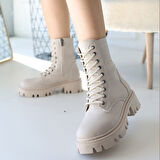 Yandan Fermuarlı Bağcıklı Topuklu Bot Cilt Bej Topuk Boyu 5 Cm