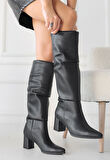 Sivri Burun Diz Altı Körüklü Topuklu Çizme Cilt Siyah Topuk Boyu 6 Cm