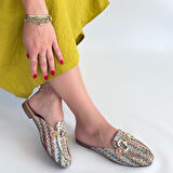 Taşlı Dokumalı Terlik Tekstil Renkli Topuk Boyu 1 Cm