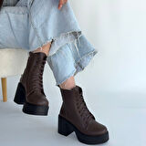 Yandan Fermuarlı Bağcıklı Topuklu Bot Cilt Kahverengi Topuk Boyu 8 Cm