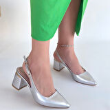 Arkası Açık Sivri Burun Topuklu Ayakkabı Gümüş Topuk Boyu 7 Cm