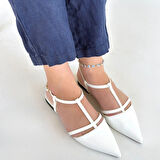 Sivri Burun Babet Ayakkabı Rugan Beyaz Topuk Boyu 1 Cm