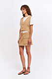 Büyük Cep Detaylı Boxer Etek Camel