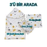 BEZHANE %100 Organik Pamuk kumaş 3'lü Set Bornoz+Omuz örtüsü+Ağız Mendili