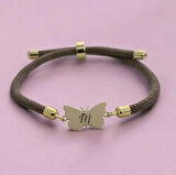 M Harfine Özel Örgü İpli Kelebek Motifli 14 Ayar Altın Plakalı Hediye Bileklik-336harf-kahverengi