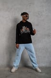 Erkek Oversize Kapüşonlu Sweatshirt – Siyah Renk Üç İplik İçi Pamuklu Kanguru Cepli Baskılı Hoodie Rahat Kalıp Kışlık Günlük Kombinlere Uygun - Siyah
