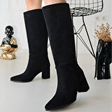 Roksa Siyah Süet Topuklu Çizme