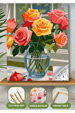 Sayılarla Boyama Seti 40x50 Cm (Çıtalı) Fırça Boya Dahil Numaralı Tuval Cam Vazo Renkli Gül