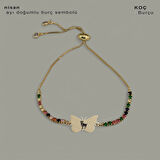 Koç Burçlarına Kelebek Motifli 14 Ayar Altın Plakalı Zincirli Hediye Bileklik-340burç-renklitaş