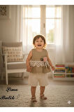 Kız Bebek Şortlu Takım Keten Gül Aplikeli