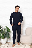 Erkek Bisiklet Yaka Düğmesiz Kışlık Waffle Pamuklu Kumaş Uzun Manşetli Kol Cepli Pijama Takımı 