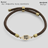 Eylül Ayı Doğumları İçin Örgülü Oval Motifli 14 Ayar Altın Plakalı Hediye Bileklik-341ay-kahverengi