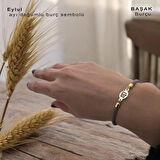 Eylül Ayı Doğumları İçin Örgülü Oval Motifli 14 Ayar Altın Plakalı Hediye Bileklik-341ay-kahverengi