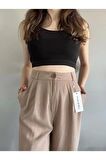 Kadın Vizon Yüksek Bel Keten Palazzo Pantolon