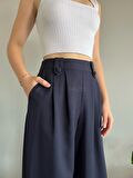 Kadın Lacivert Düğmeli Yüksek Bel Palazzo Pantolon