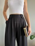 Kadın Siyah Düğmeli Yüksek Bel Palazzo Pantolon