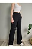Kadın Siyah Yüksek Bel Lastikli Bol Paça Pantolon