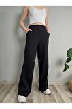 Kadın Siyah Yüksek Bel Lastikli Bol Paça Pantolon