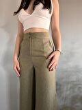 Kadın Haki Keten Yırtmaçlı Yüksek Bel Palazzo Pantolon