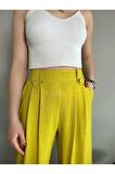 Kadın Yağ Yeşili Keten Düğmeli Yüksek Bel Palazzo Pantolon