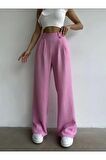 Kadın Pembe Keten Düğmeli Yüksek Bel Palazzo Pantolon