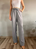Kadın Gri Keten Karışımlı Bol Kesim Pantolon
