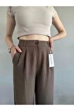 Kadın Kahverengi Yüksek Bel Keten Palazzo Pantolon