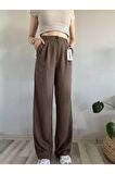 Kadın Kahverengi Yüksek Bel Keten Palazzo Pantolon