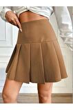 Camel Kadın Pileli Dokuma Mini Etek