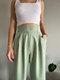 Kadın Yeşil Yüksek Bel Cırtlı Palazzo Pantolon