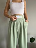 Kadın Yeşil Yüksek Bel Cırtlı Palazzo Pantolon
