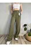 Kadın Haki Yüksek Bel Keten Palazzo Pantolon