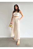 Kadın Taş Keten Yırtmaçlı Yüksek Bel Palazzo Pantolon