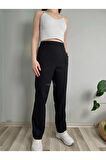 Kadın Siyah Yüksek Bel Lastikli Boru Paça Pantolon