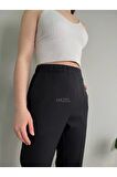 Kadın Siyah Yüksek Bel Lastikli Boru Paça Pantolon