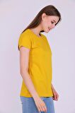 Sarı Renk %100 Pamuk Bisiklet Yaka Basic Baskısız Kadın Örme Kısa Kollu Tshirt