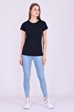 Lacivert Renk %100 Pamuk Bisiklet Yaka Basic Baskısız Kadın Örme Kısa Kollu Tshirt