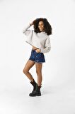 Basic Gri Kapüşonlu Crop Sweatshirt