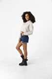 Basic Gri Kapüşonlu Crop Sweatshirt