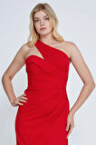 Şeref Vural Kadın Tek Omuz Detaylı Yandan Yırtmaçlı Maxi Abiye Elbise 8147 Kırmızı