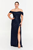 Şeref Vural Kadın Büyük Beden Pul Payet Düşük Omuz Maxi Abiye Elbise 8393 Lacivert