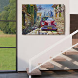 Eski Kırmızı Araba Yağlıboya Görünüm Dekoratif Duvar Tablo-3433