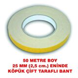 Çift taraflı köpük bant 50 m. uzunluk (25 mm-2,5 cm) eninde