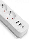 Akım Korumalı 2USB 1 Type-C  Girişli 2 Metre Uzatma Kablolu Akım Korumalı Priz