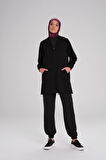 Haşema Yumuşak Dokulu Kapüşonlu Fermuarlı Siyah Basic Günlük Sweatshirt ACT-15