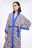 Haşema Mavi Çiçek Desenli Uzun Kimono 5049