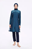 Nehar Omuz Bölgesi Desenli Petrol Mavisi 3 Parça Dokuma Tam Tesettür Mayo Takımı 2276