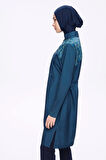 Nehar Omuz Bölgesi Desenli Petrol Mavisi 3 Parça Dokuma Tam Tesettür Mayo Takımı 2276